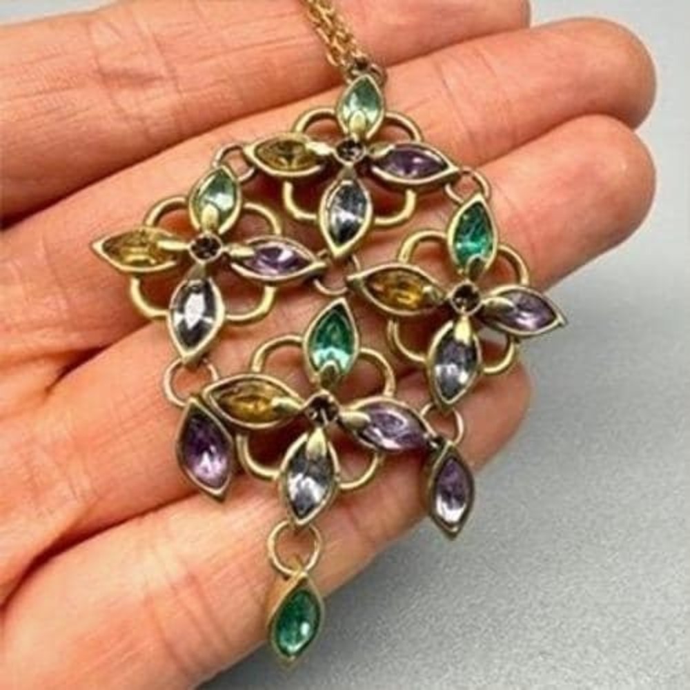 Vintage Gold Tone Multi Color Rhinestone Filigree Pendant Necklace 18" Whimsical